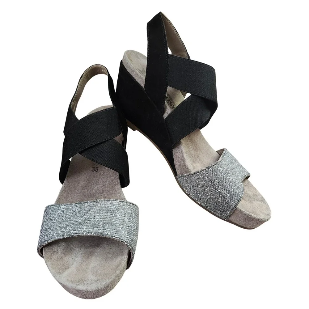 Mephisto Women 38 Black Silver Elastic Wedge Sandals Air-Relax Metallic Platform